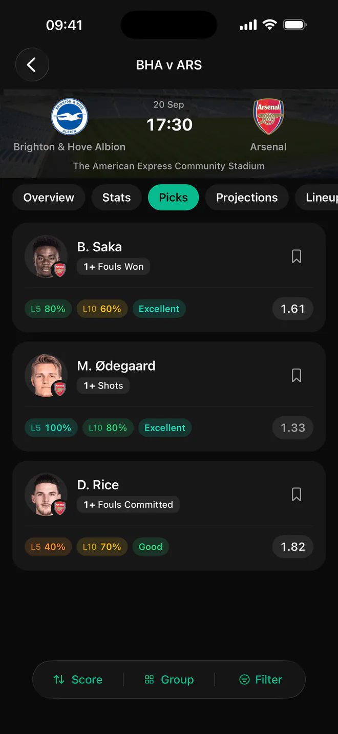 Fobal fixture screen for Brighton v Arsenal on the Picks tab, listing player props for Saka, Ødegaard and Rice with hit-rate pills and odds.