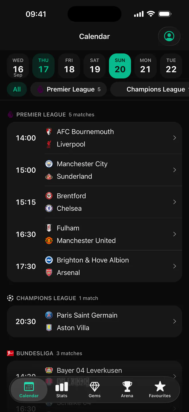 Fobal calendar for Sunday 20 September: Premier League and Champions League fixtures with kickoff times.