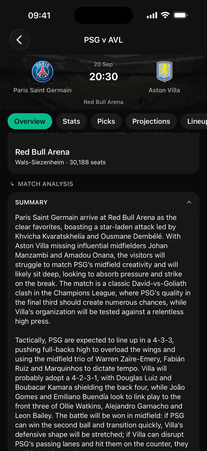 Fobal match overview for Paris Saint-Germain v Aston Villa with an AI-written match analysis summary.