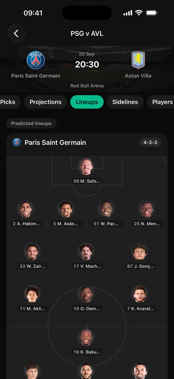 Fobal predicted lineup for Paris Saint-Germain in a 4-3-3, players placed on a pitch diagram.