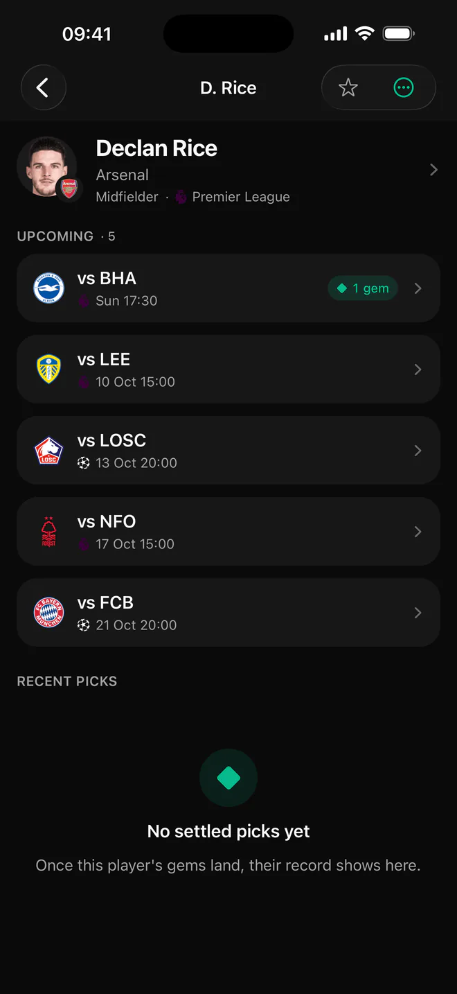 Fobal player overview for Declan Rice listing his upcoming fixtures, the next one marked with a gem.