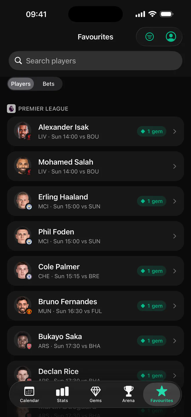 Fobal favourites list of followed Premier League players, several tagged with a gem.