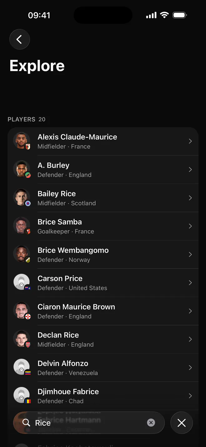 Fobal explore screen with a player search and a list of matching players.