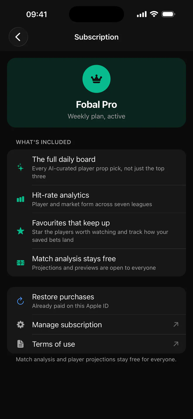 What’s included with Fobal Pro in the app: the full daily board, hit-rate analytics, favourites that keep up, and match analysis that stays free.